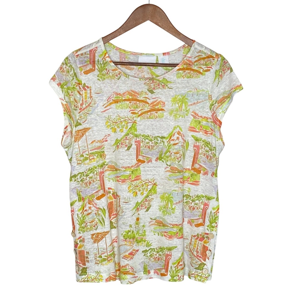 Cynthia Rowley Womens Linen Knit Top Size M Scenic Coastal Print Resort Vacation